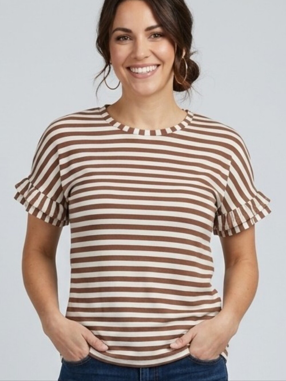 Striped Ruffle-Sleeve Tee in Cream and Brown